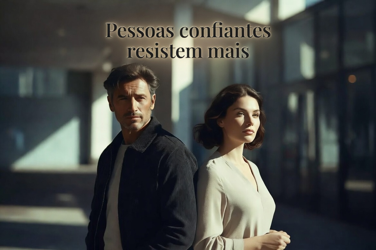 Homem e mulher em postura firme diante de um cenário de pressão, representando força emocional e autoconfiança