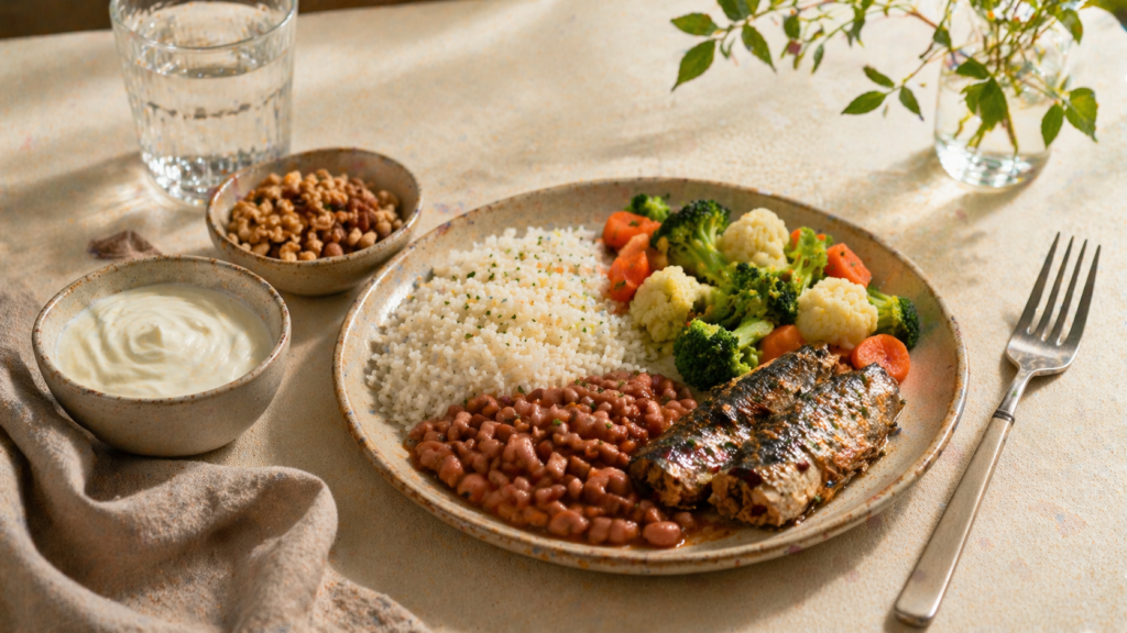 Alimentos industrializados saudáveis: o guia prático para vencer a procrastinação alimentar 7 Refeição simples e equilibrada montada com alimentos industrializados saudáveis e itens frescos