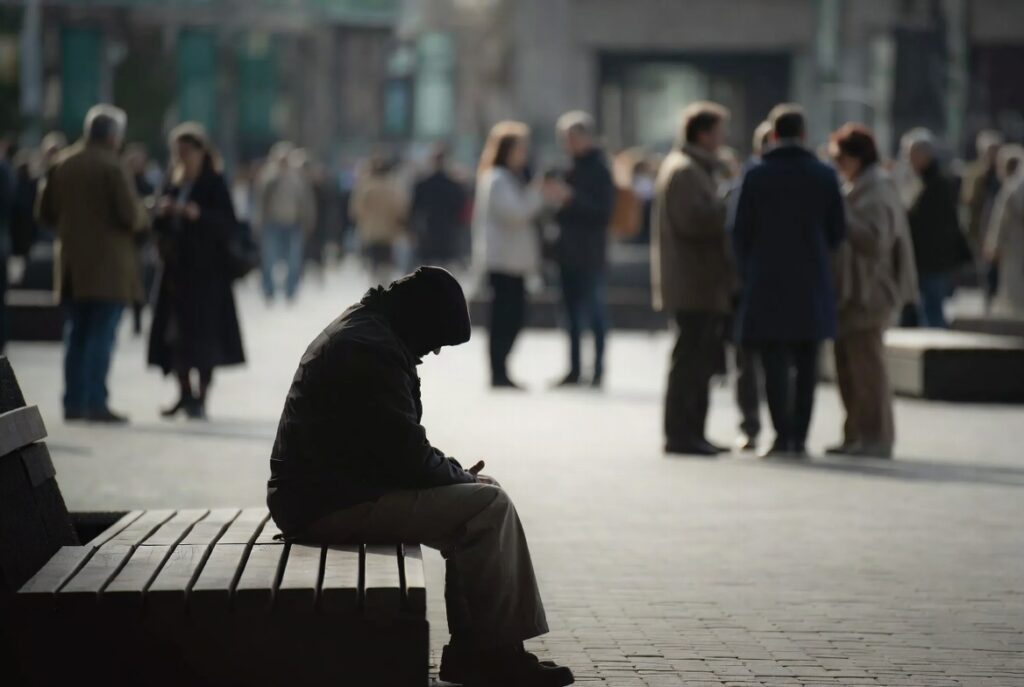 Pessoa isolada em ambiente público enquanto outras aparecem desfocadas ao fundo, representando preconceito e solidão