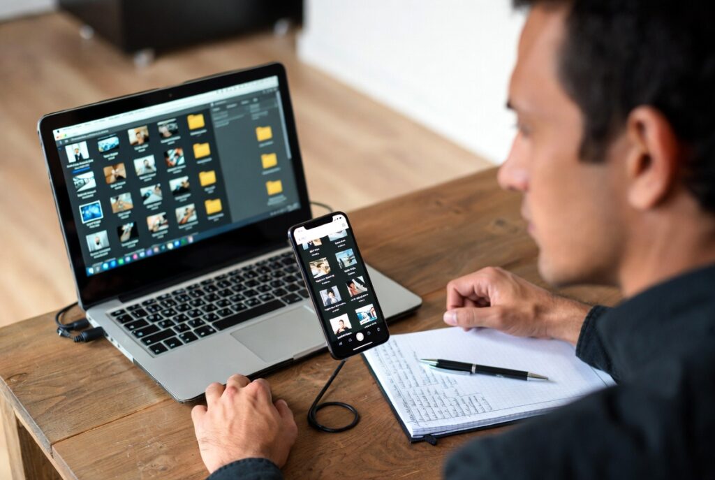 Responsável registrando evidências digitais com calma e organização