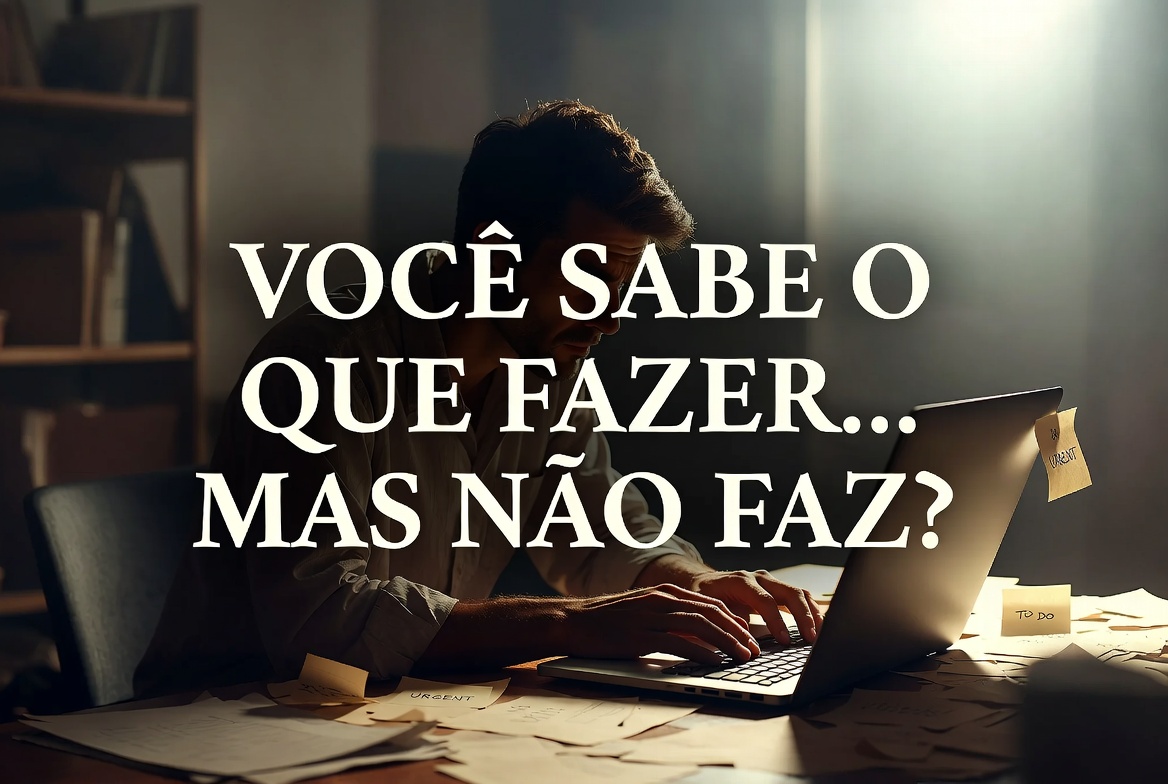 Thumbnail sobre procrastinação emocional com pessoa travada diante de tarefas e texto de destaque