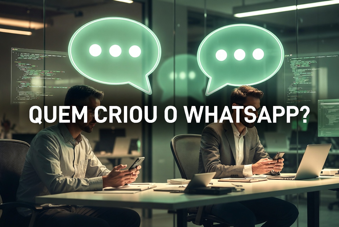 Thumbnail sobre quem criou o WhatsApp com os fundadores em destaque e texto chamativo