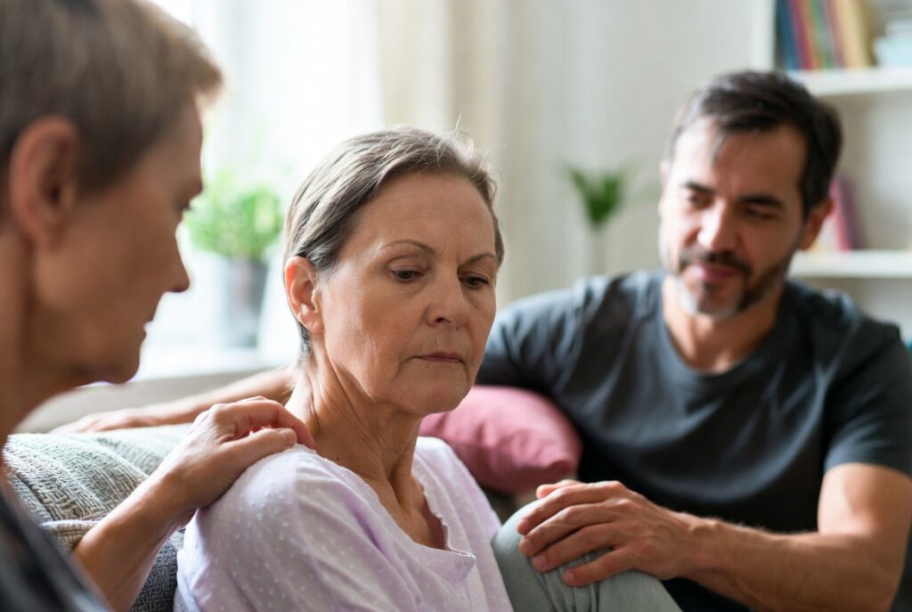 Pessoa sendo acolhida por familiares ou amigos em ambiente calmo, representando apoio emocional no transtorno bipolar