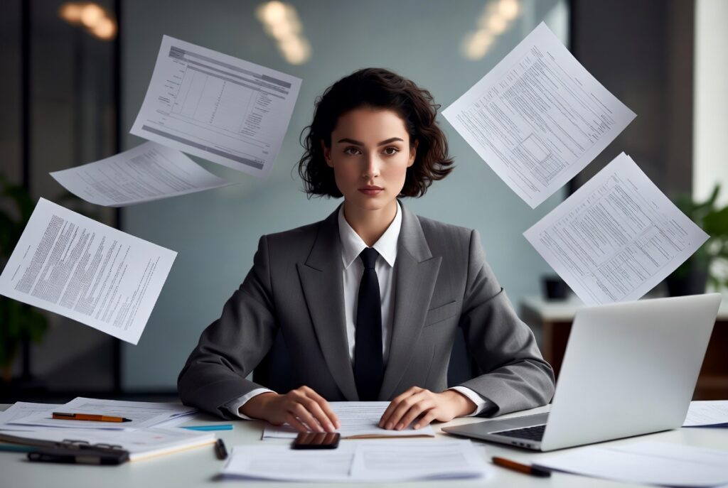 Profissional concentrado em ambiente corporativo sob pressão, mostrando equilíbrio emocional