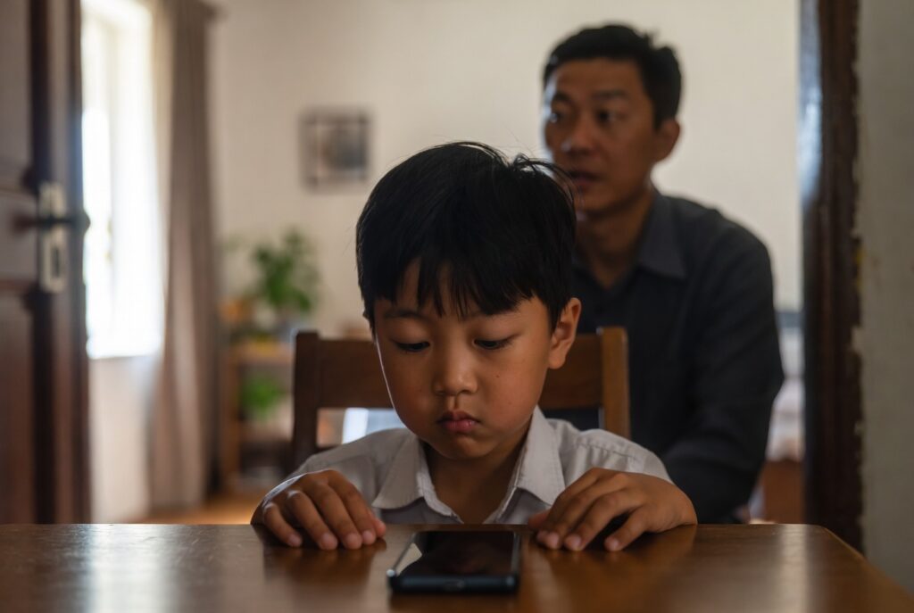 Criança evitando contato visual enquanto o celular fica virado para baixo em uma mesa