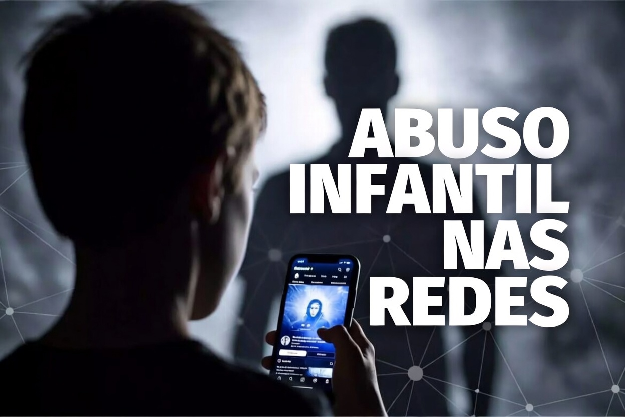 Thumbnail sobre abuso infantil nas redes sociais com alerta visual e clima de urgência