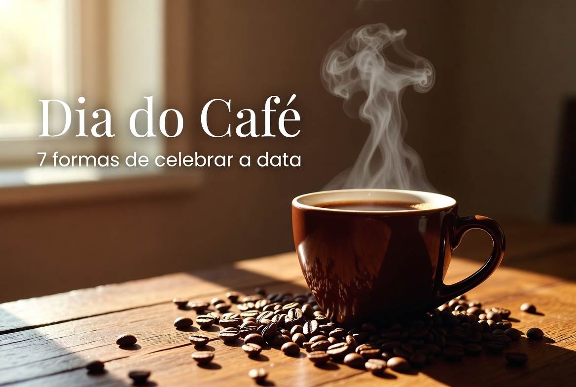 Thumbnail para artigo sobre dia do café com xícara fumegante, grãos e texto de destaque