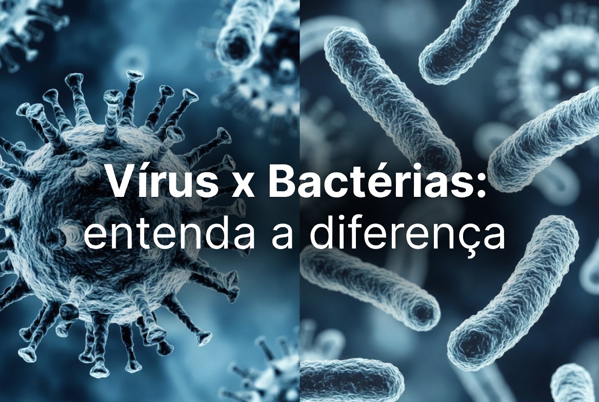 Thumbnail do artigo explicando a diferença entre vírus e bactérias com elementos visuais comparativos