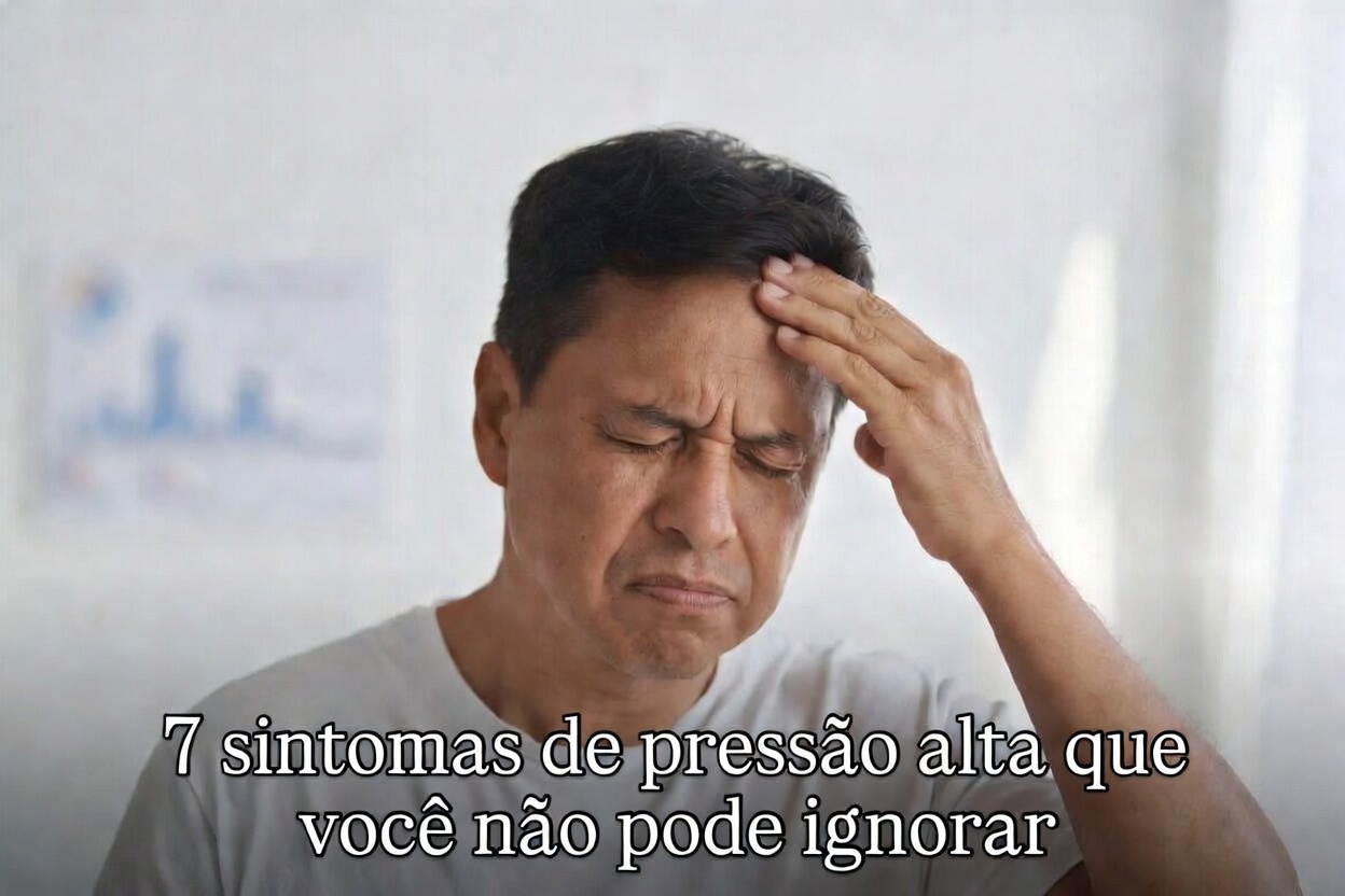 Thumbnail sobre sinais de pressão alta com homem preocupado tocando a cabeça e texto em destaque