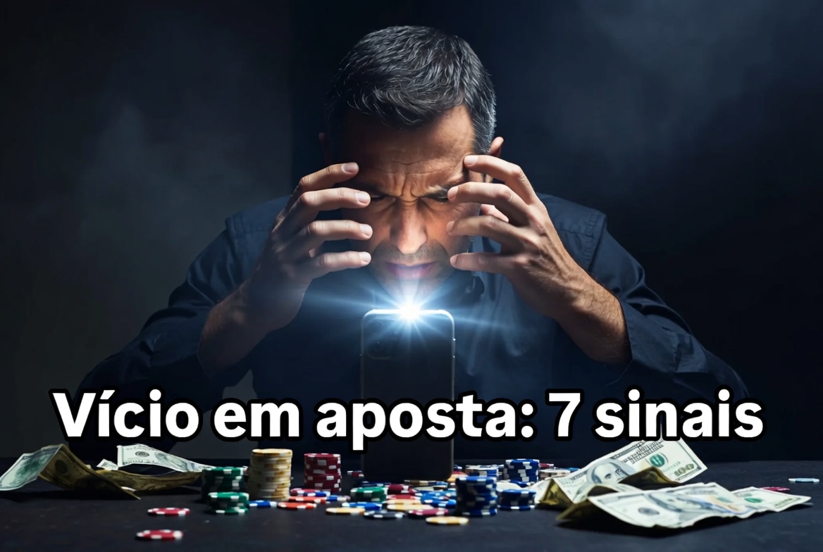 Thumbnail sobre vício em aposta com celular, fichas e expressão de preocupação